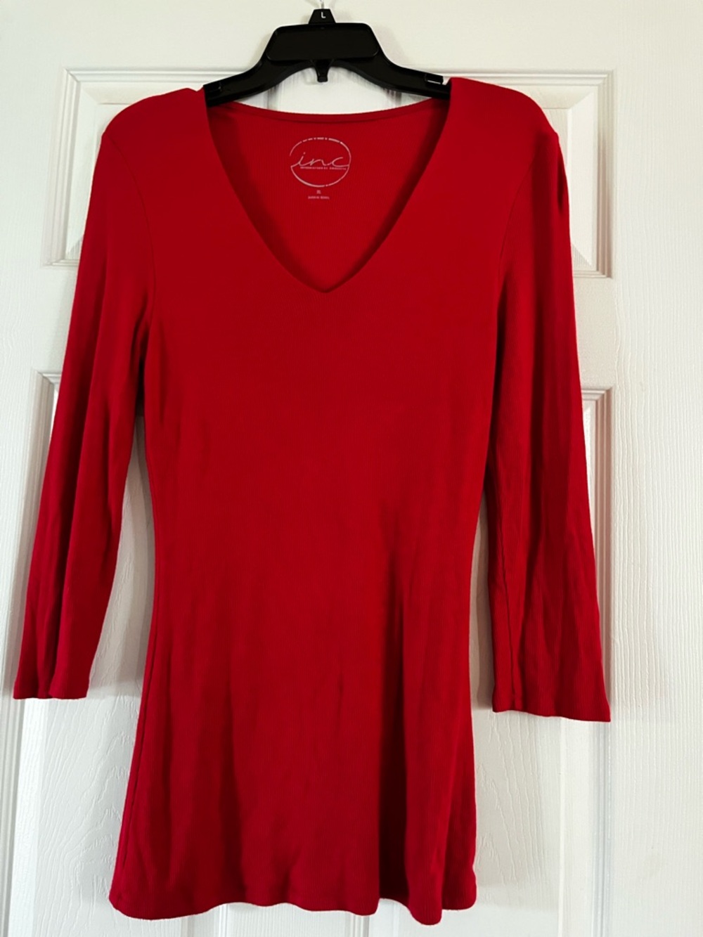 INC International Concepts Bright Red V-Neck Long Sleeve Tee